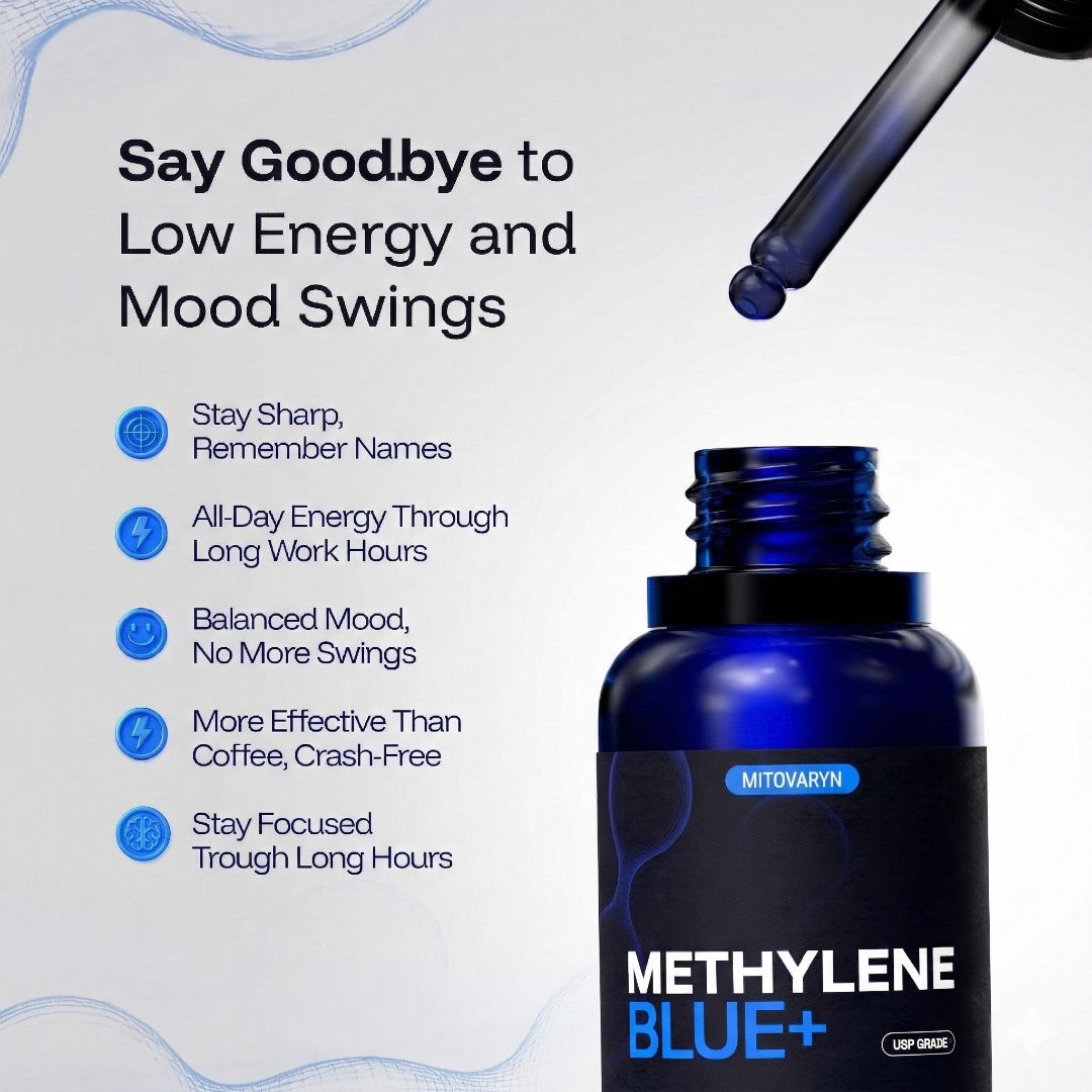 Methylene Blue+ supplement bottle - Say goodbye to Low Energy and Mood Swings
